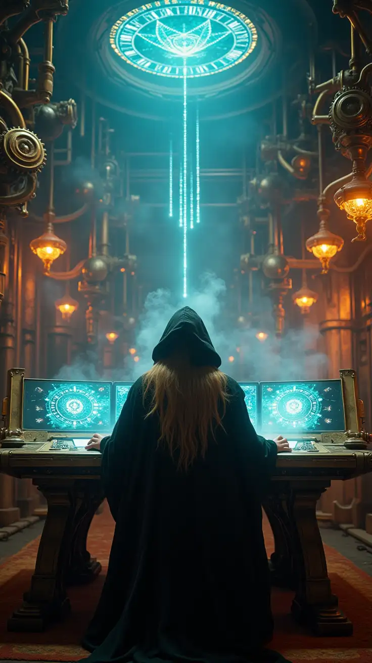 Ethereal-Futuristic-Wizard-in-a-Steampunk-Control-Room-with-Magical-Energy-and-Holographic-Screens