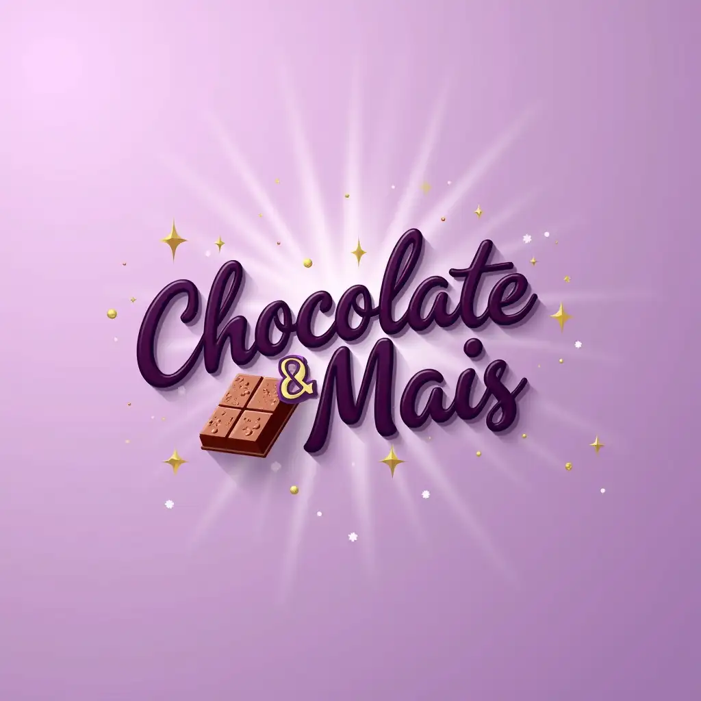 Create a professional and visually appealing logo for an Instagram store called 'Chocolate&Mais', specialized in German products like chocolates, creams, ketchup and biscuits, with a main focus on chocolates. The logo should present a modern and elegant design with a dominant purple color, inspired by the Milka chocolate brand. The text 'Chocolate&Mais' should be prominently displayed in a custom and elegant font, with subtle chocolate-inspired textures, evoking a sense of indulgence. The word 'Chocolate' should be emphasized with a shiny 3D effect, while '&Mais' should be written in a complementary smaller font. The logo should incorporate a minimalist chocolate bar or a melting chocolate droplet as the central icon, rendered in purple and gold tones for a luxurious touch. The background should be clean and sophisticated, with a soft purple to white gradient, enhancing the visibility and appeal of the logo. The overall composition should be balanced and attractive, designed to stand out on social media. The style should be modern, professional and slightly playful, with a warm and inviting atmosphere. The logo should be perfect for branding, focusing on elegance and the rich, indulgent quality and taste of the products it represents.