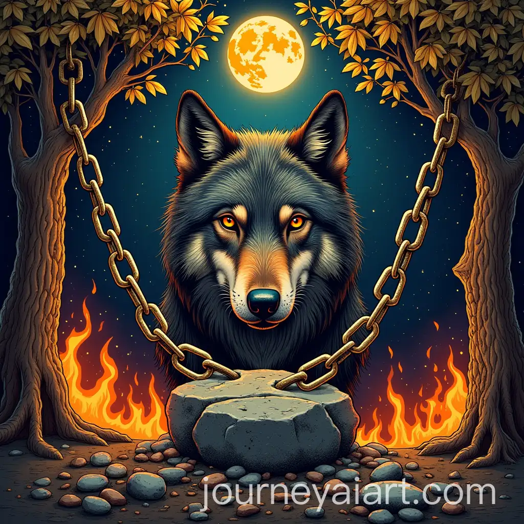 Wolf-Face-Surrounded-by-Breaking-Chains-and-Golden-Leaves-in-a-Dark-Starry-Sky