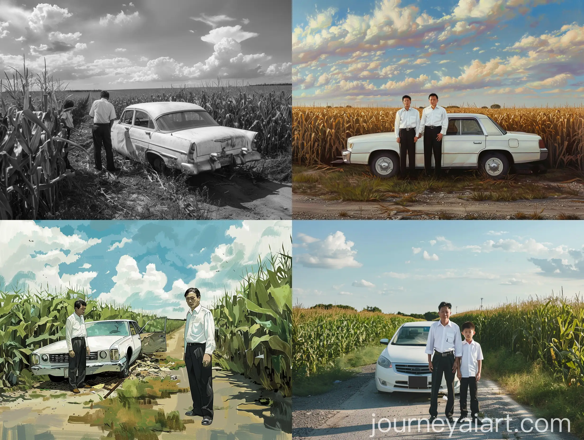 Asian-Father-and-Sons-by-Broken-Down-Sedan-in-Cornfield