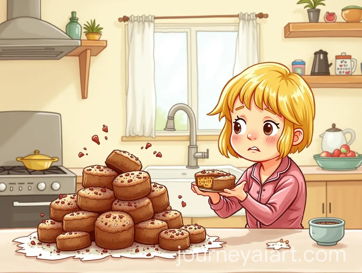 Mother-and-Daughter-in-Cozy-Kitchen-with-Failed-Cake-in-Humorous-Childrens-Book-Illustration