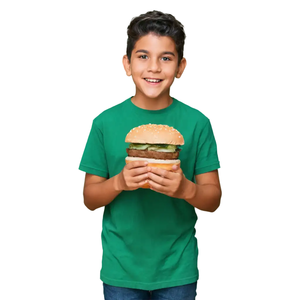 a boy eating green and white burger face standing infront of camera