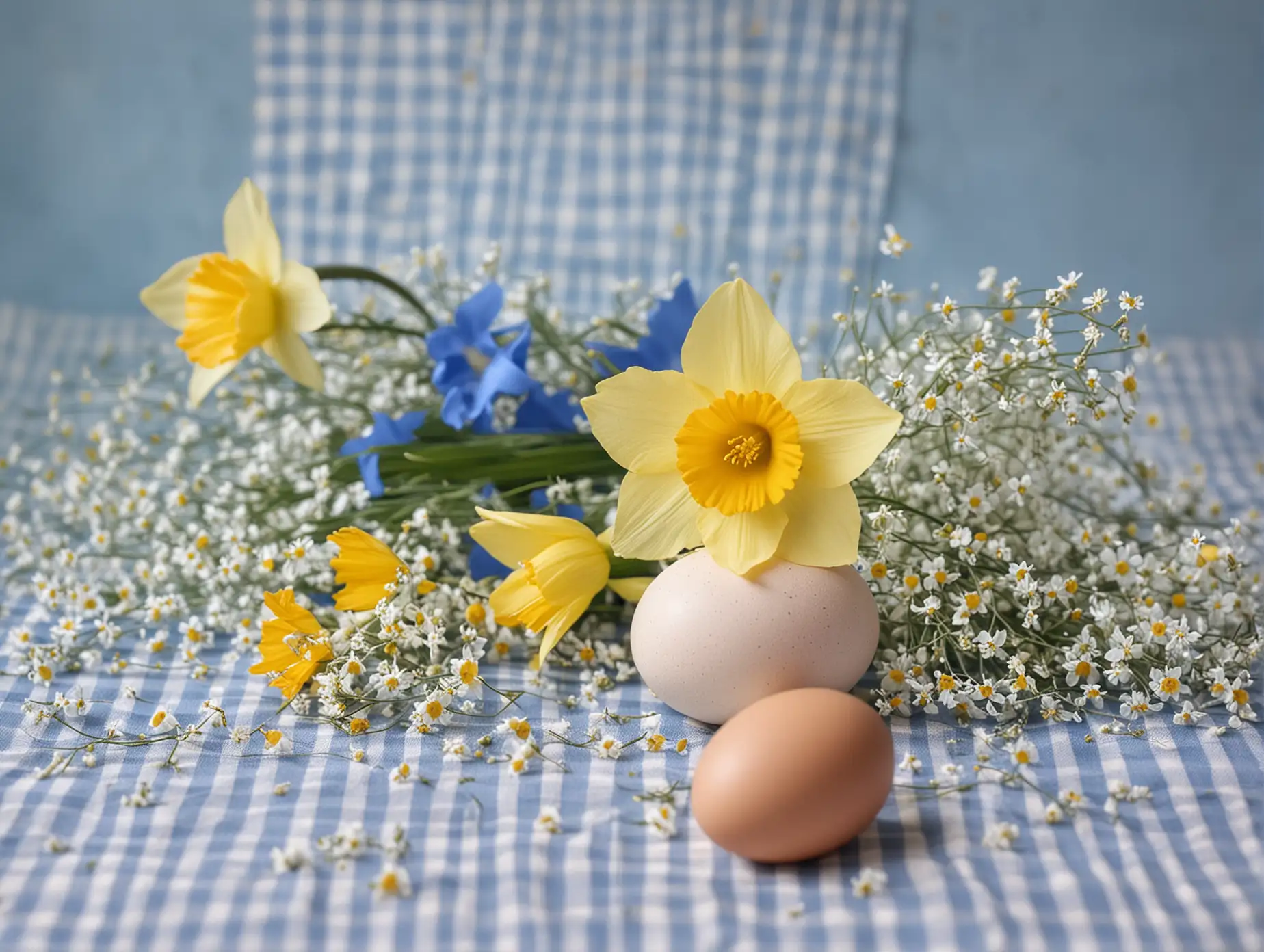 Spring Flowers Arrangement with Egg Shell on Gingham Background