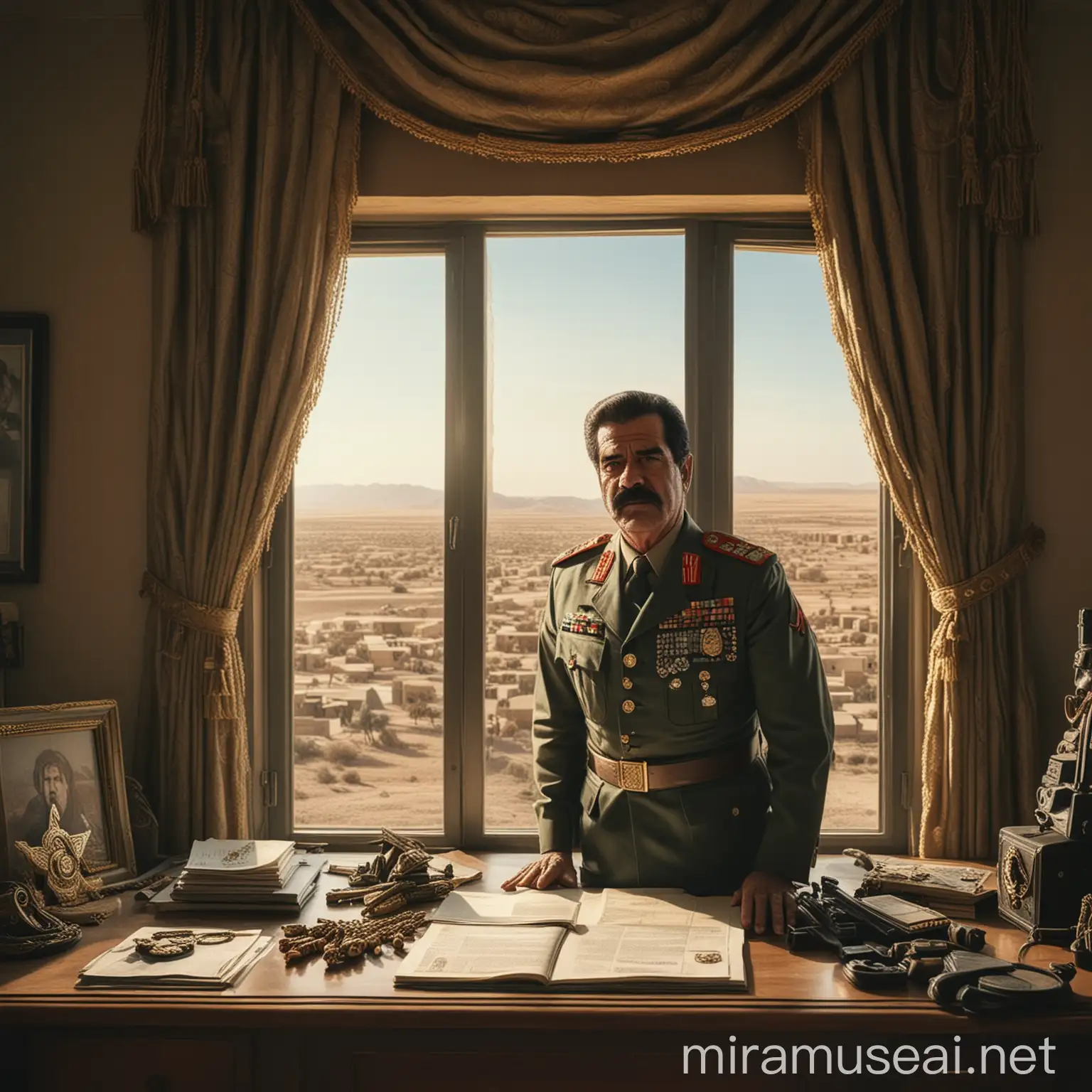 Saddam Hussein Observing Troops in Iraqi Desert Early 1980s Military Scene