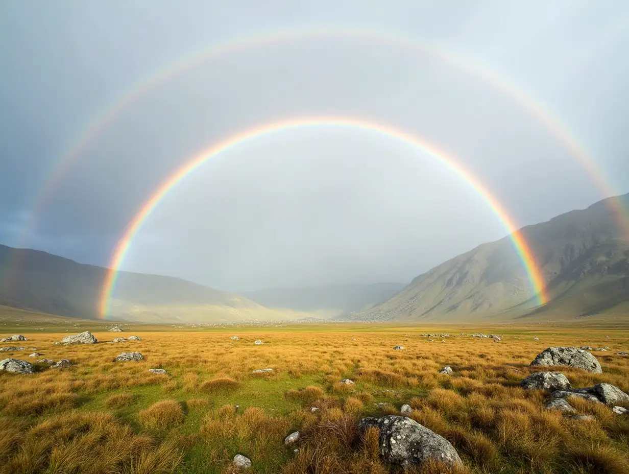 Beautiful scenic landscape with colorful rainbow in summer tundra mountains