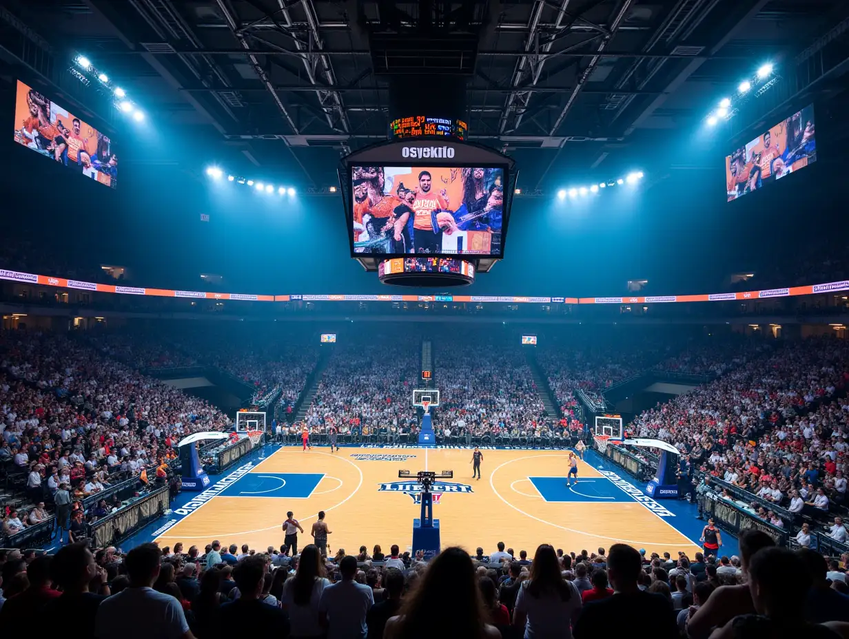 A vibrant basketball arena filled with enthusiastic fans and shining floodlights ready for an exciting game night