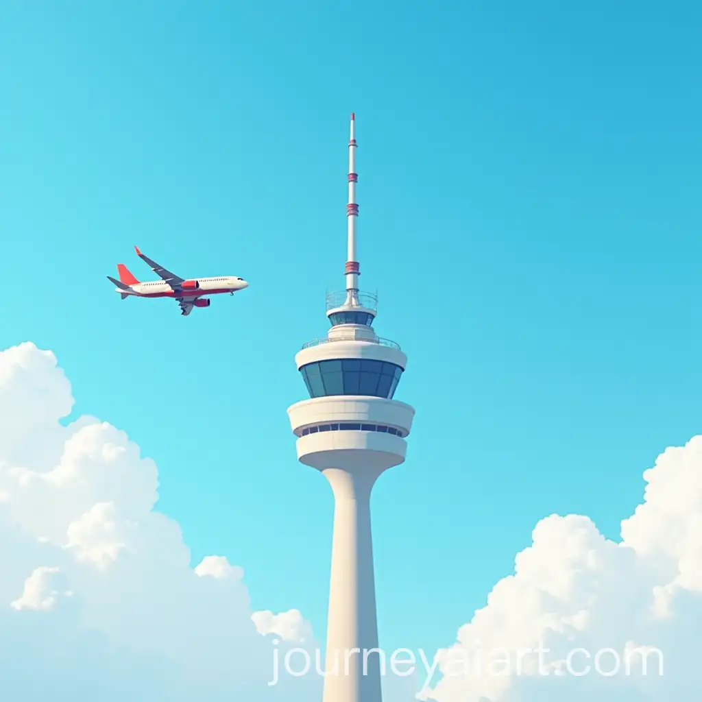 ATC-Tower-with-Airplane-Flying-and-Clouds-in-Blue-Sky