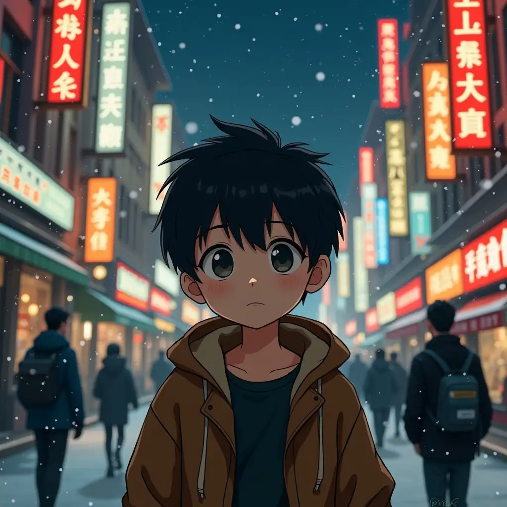 Create an artwork featuring a young boy with short black hair and large, expressive eyes, standing in the foreground of a vibrant urban street scene at night. He is dressed in a brown hooded jacket and a dark shirt, conveying a sense of quiet reflection. The background showcases bustling streets lined with buildings adorned with brightly illuminated signs, including Chinese characters, which add cultural context. Other figures, dressed in dark clothing, move about the scene, adding life to the composition. Snow gently falls, creating an atmosphere of serenity amidst the lively environment, emphasizing the contrast between stillness and motion.