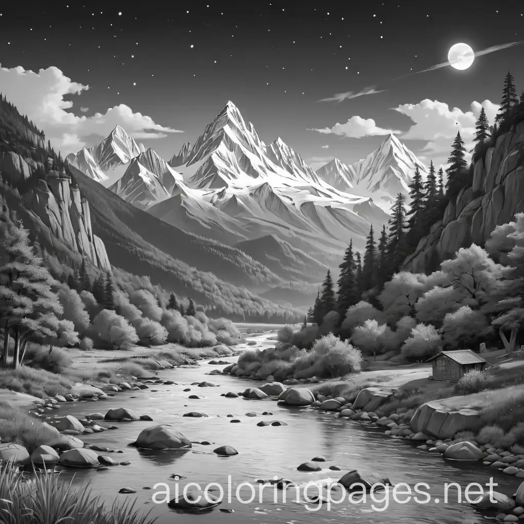 City-of-Starlight-with-Mountains-and-River-Coloring-Page