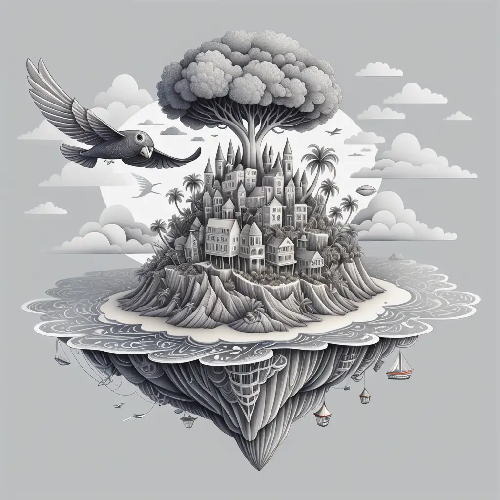 Intricate Flying Dream Island Illustration in Grey Drawing Style