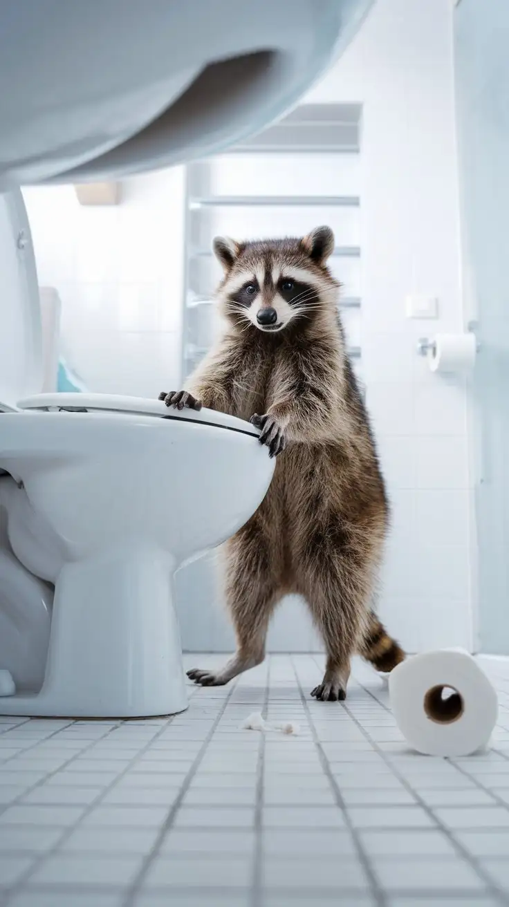 Raccoon-Trying-to-Use-a-HumanSized-Toilet-in-Messy-Bathroom