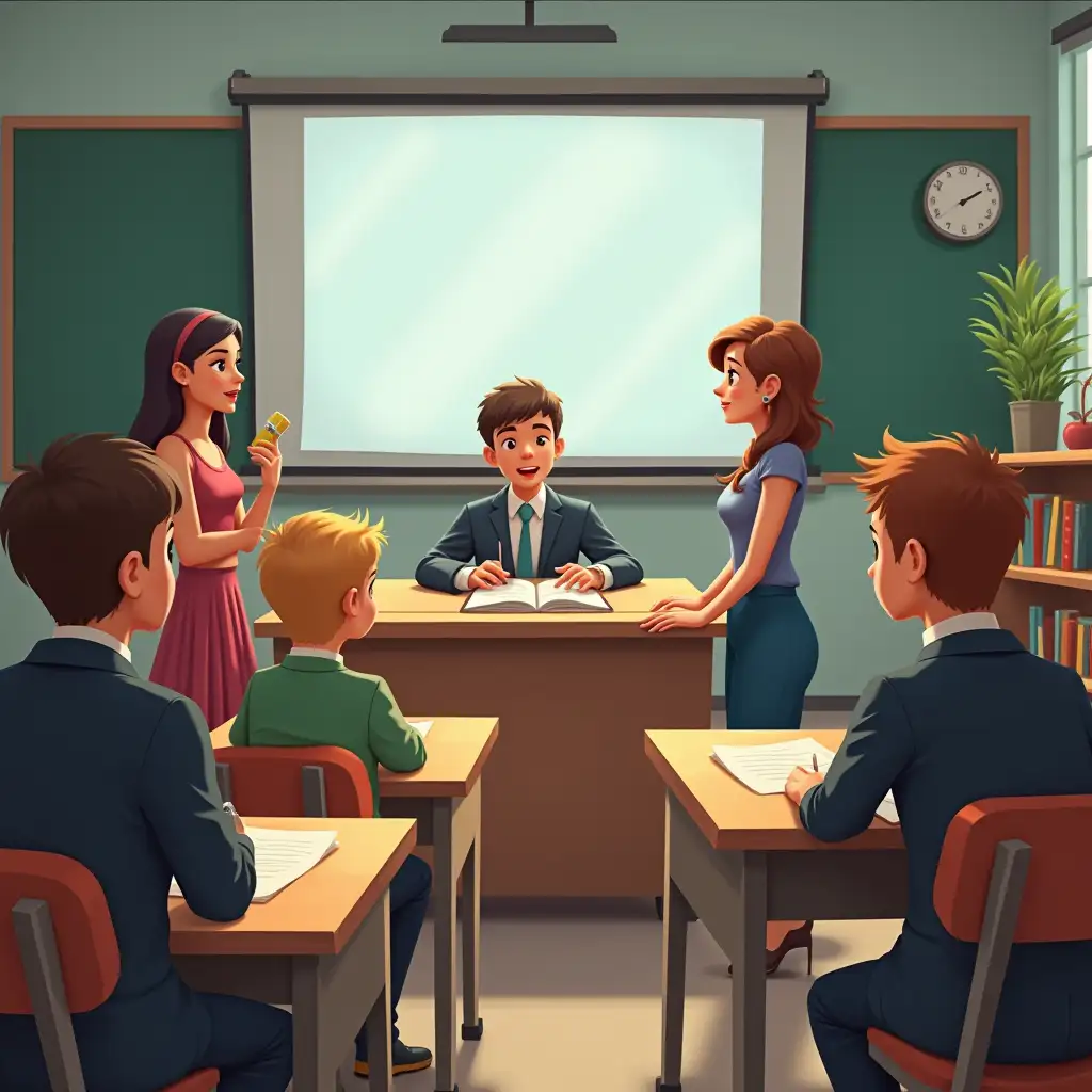 An image with characters. They are conducting a lesson at school on the topic of teenagers and law