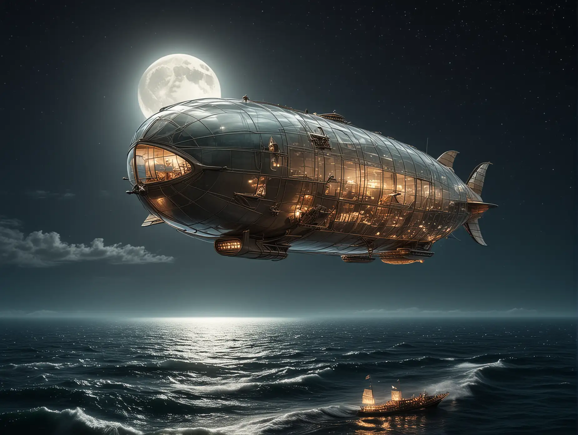 A very small, sleek, fabulous glass airship with an open upper deck flies over a sea at night. The full moon shines in the sky. There is a large glass window in the nose.