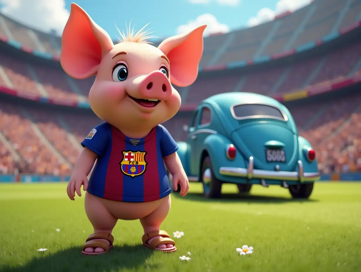 a Disney-style image, of a pig with sandals, with a Barcelona t-shirt on the grass at Camp Nou, with a blue Volkswagen Beetle