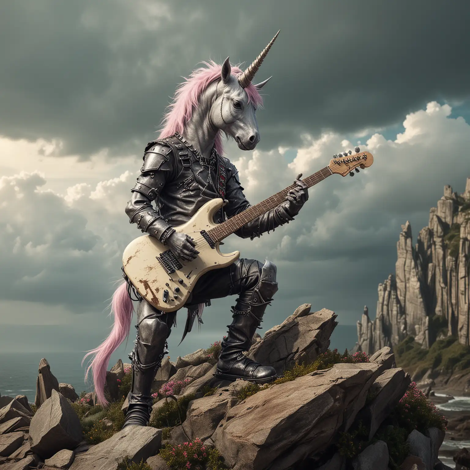 Anthropomorphic Brutal Unicorn Rocker with Electric Guitar on Cliff