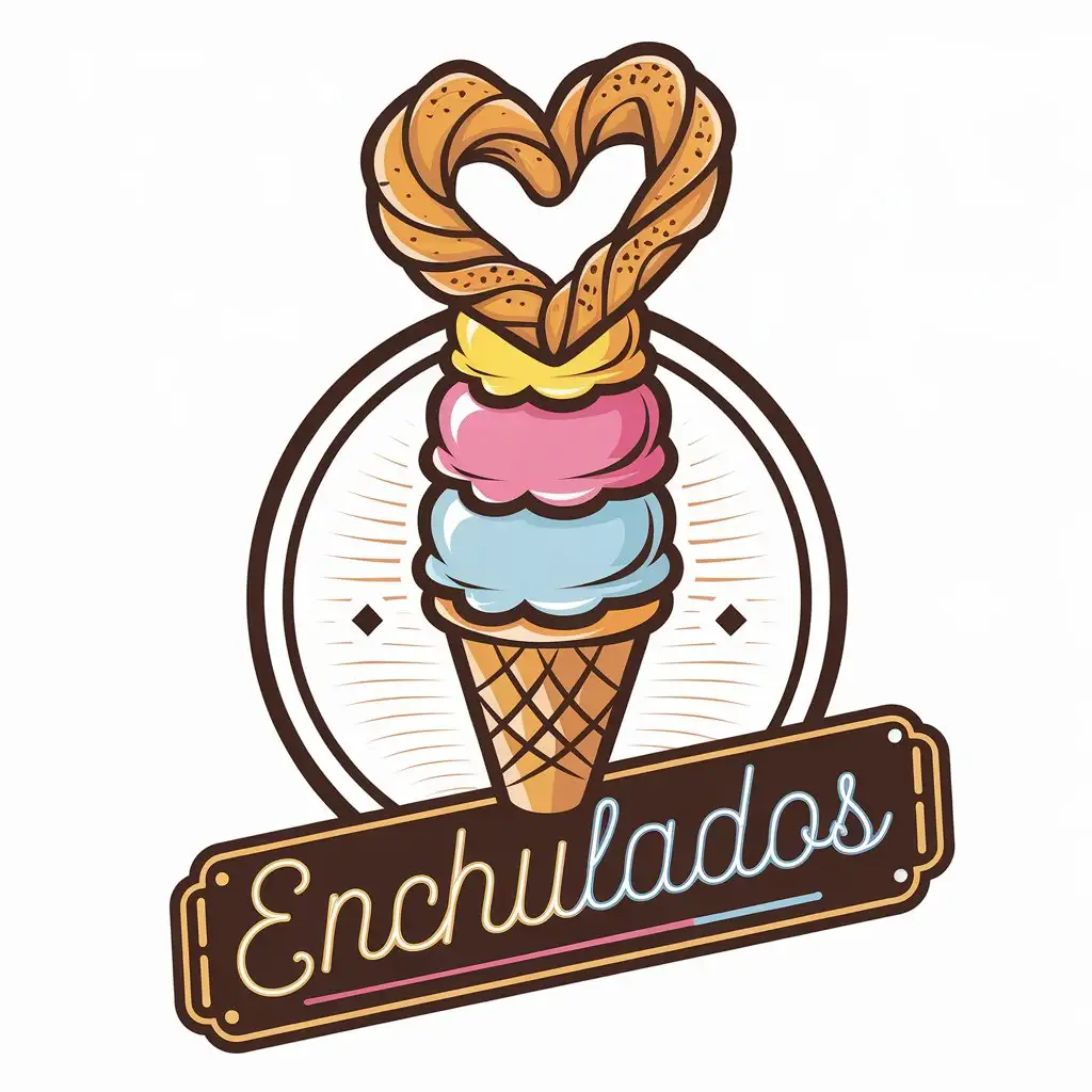 a vector logo design,with the text "Enchulados", main symbol:a vector logo design, main symbol:Design an attractive and charming logo for an ice cream and churros store. The logo should feature an ice cream cone with three stacked scoops in bright and appealing colors: choose classic flavors like vanilla, strawberry and chocolate. On top of the cone, place a heart-shaped churro, detailed design to look crispy and golden. Make sure the churro is decorated with a touch of sugar and cinnamon for a delicious and appetizing appearance. The background can be simple and clean to highlight the cone and churro, or you can add some small additional details that evoke a festive and happy atmosphere. The design style should be fun and welcoming, capturing the essence of a place where customers can enjoy a sweet and pleasant moment.,Moderate,clear background. Diseño aplicable a un cartel Neon flex,Moderate,clear background