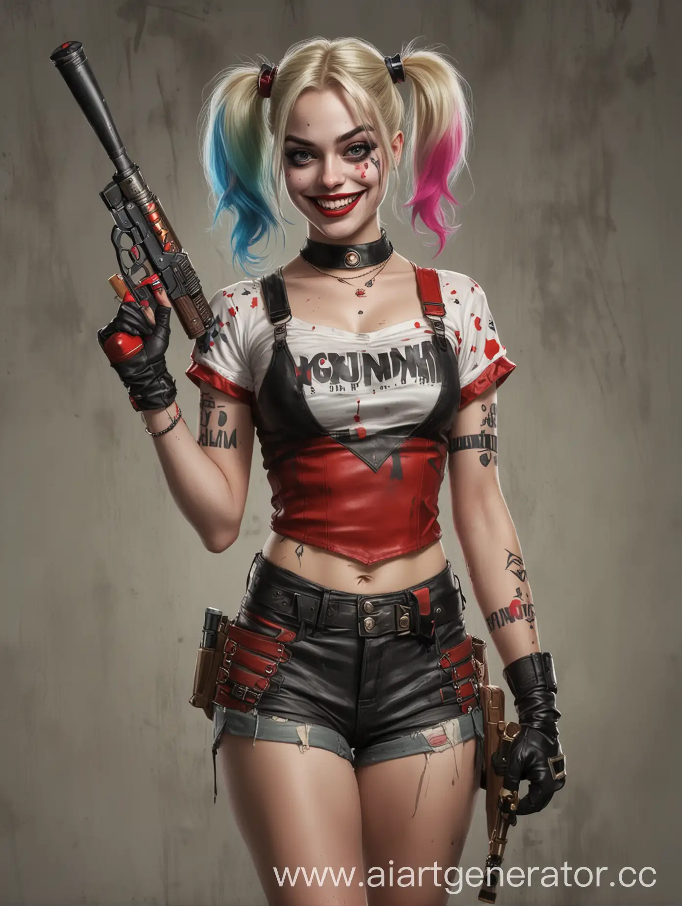 Harley-Quinn-Smiling-with-Bat-and-Pistol-in-Shorts