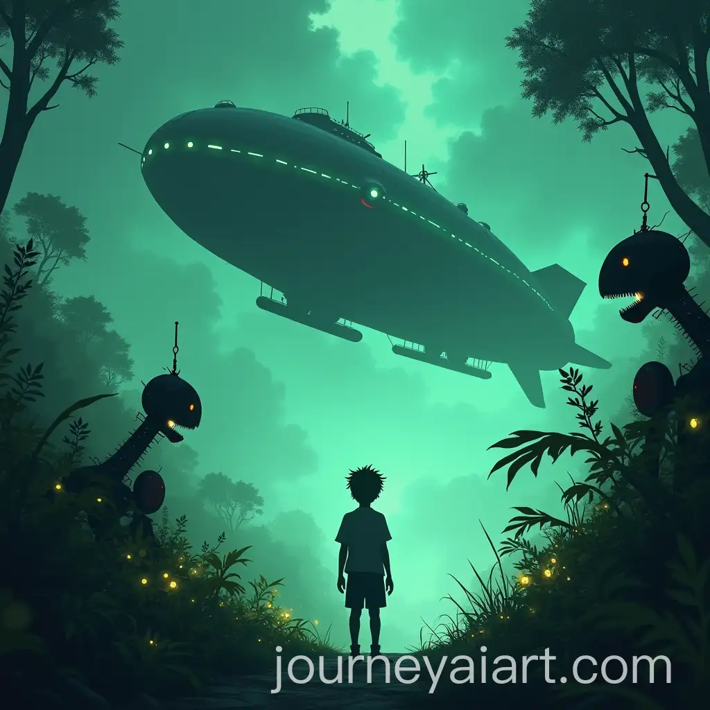 Silhouette-of-a-Boy-in-an-Enigmatic-Aether-Jungle-with-Glowing-Flora-and-Rusted-Robots