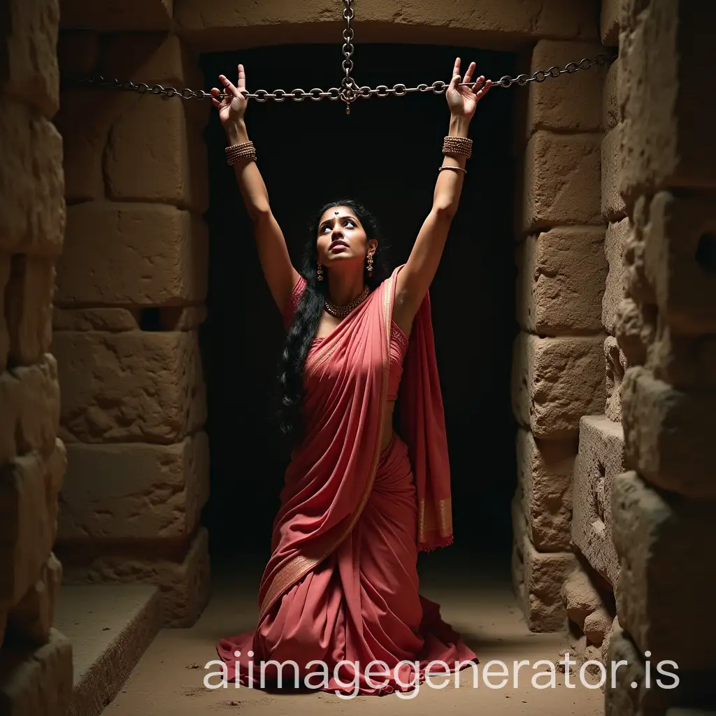 Ancient-Telugu-Woman-in-Rose-Saree-Kneeling-in-Stone-Prison-with-Chains