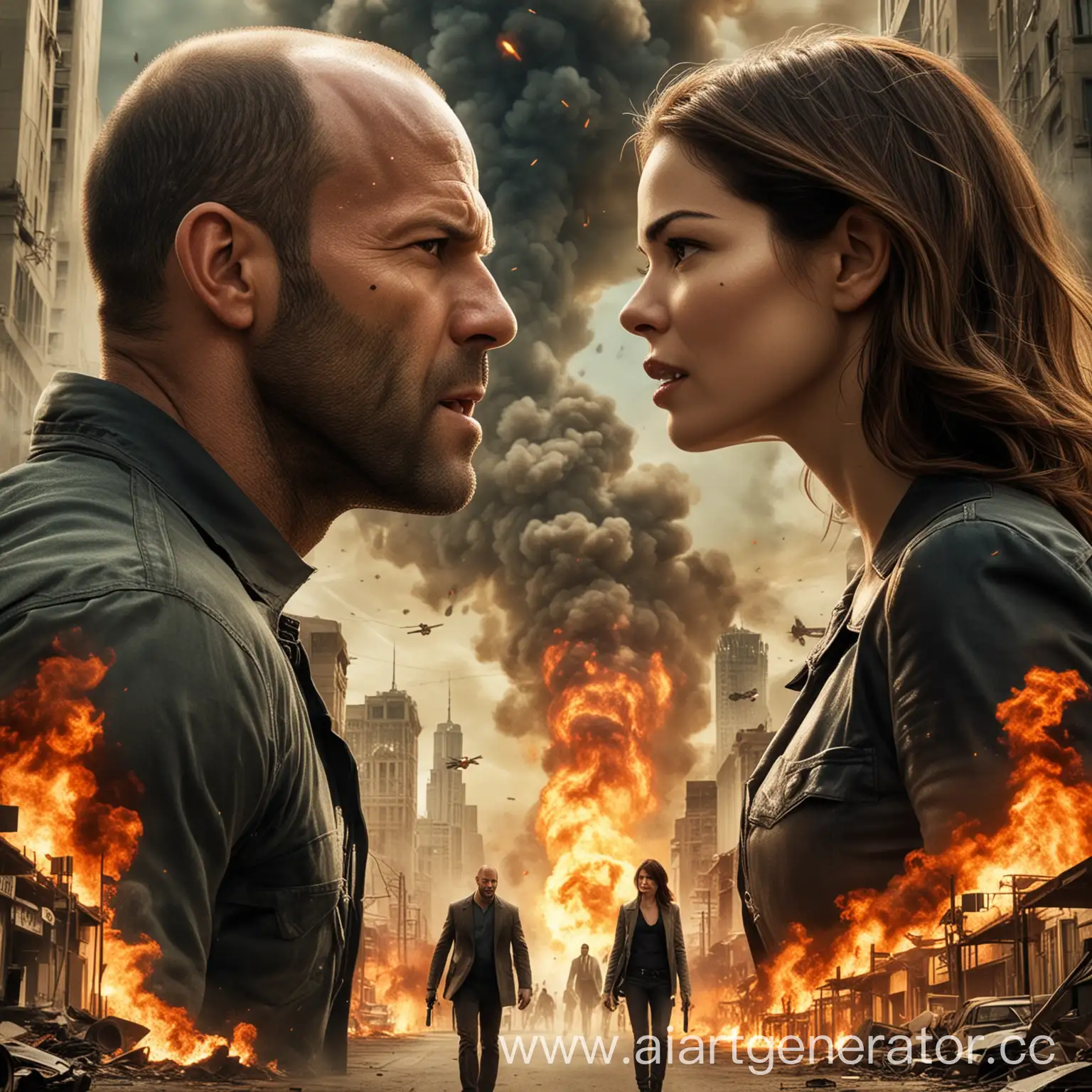 Эпичный постер блокбастера "Военкомат", Jason Statham и Michelle Monaghan грозно смотрят в сторону друг друга, на заднем плане горящий город и истребители, на переднем плане много искр