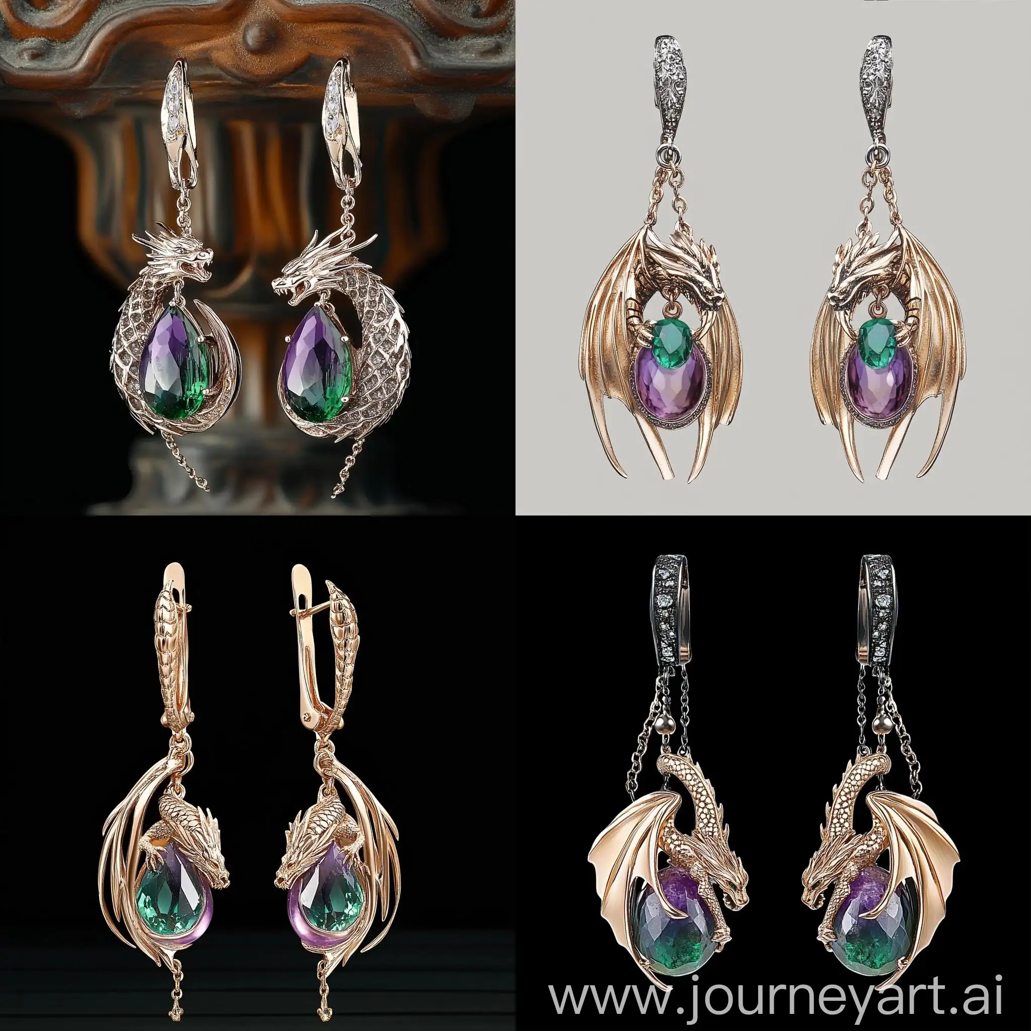 Dragon-Earrings-with-Emerald-and-Dangling-Chains