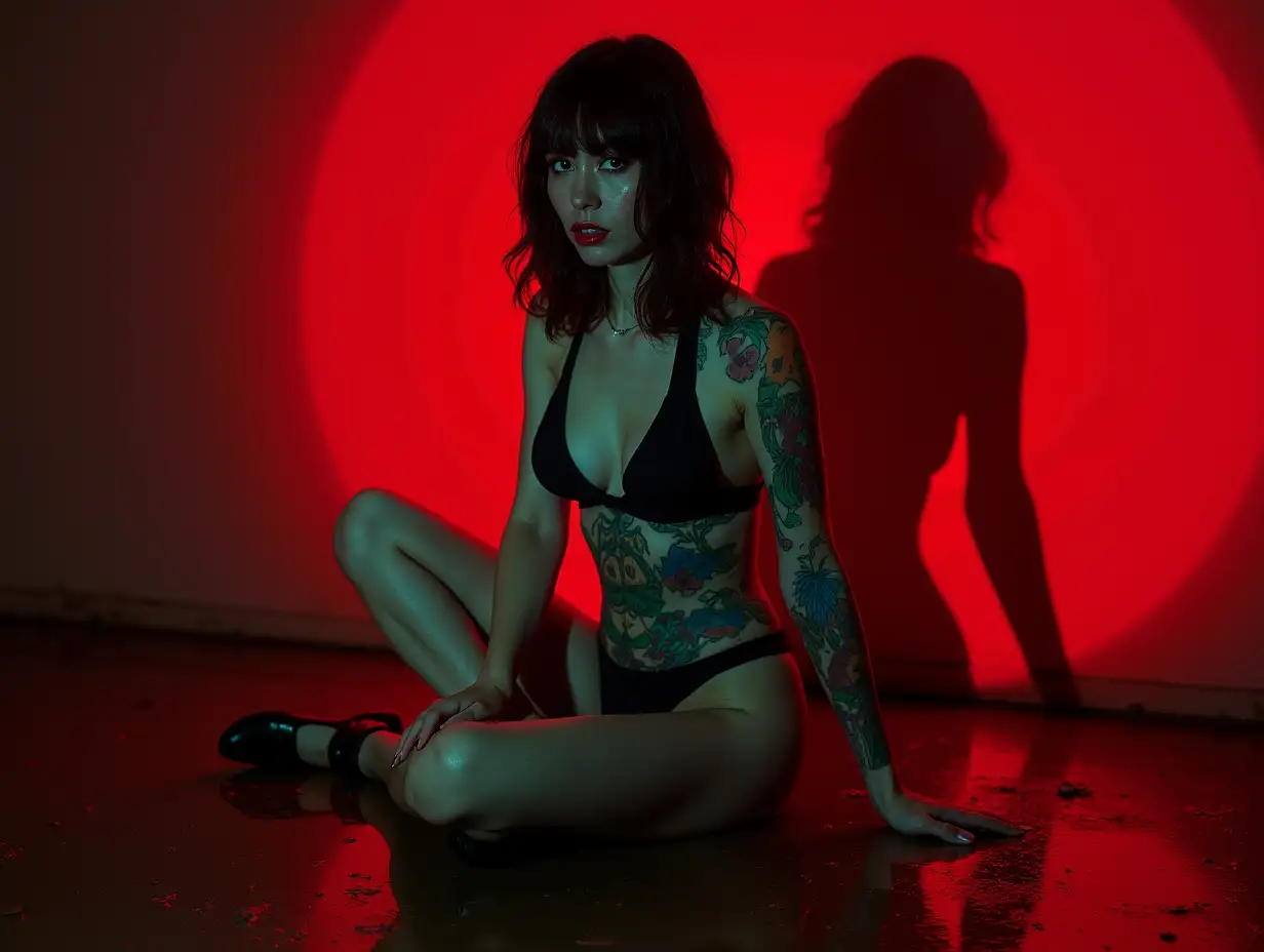 /img portrait of a mysterious woman sitting on a wet floor with red illumination around the figure, tattoo on the skin, colorful graphics, black and turquoise onyx, vintage modernism, layered images, polished metamorphoses, bold fragmentation.