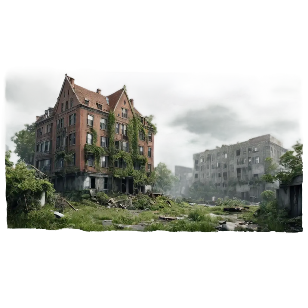 Create a detailed post-apocalyptic cityscape inspired by The Last of Us Part 2. Show ruined buildings overgrown with greenery, shattered windows, cracked roads, and debris scattered around. Include overgrown trees, ivy crawling up walls, and remnants of civilization, such as abandoned cars and graffiti on crumbling walls. The atmosphere should feel somber, with overcast skies and subtle fog for a haunting yet immersive ambiance.