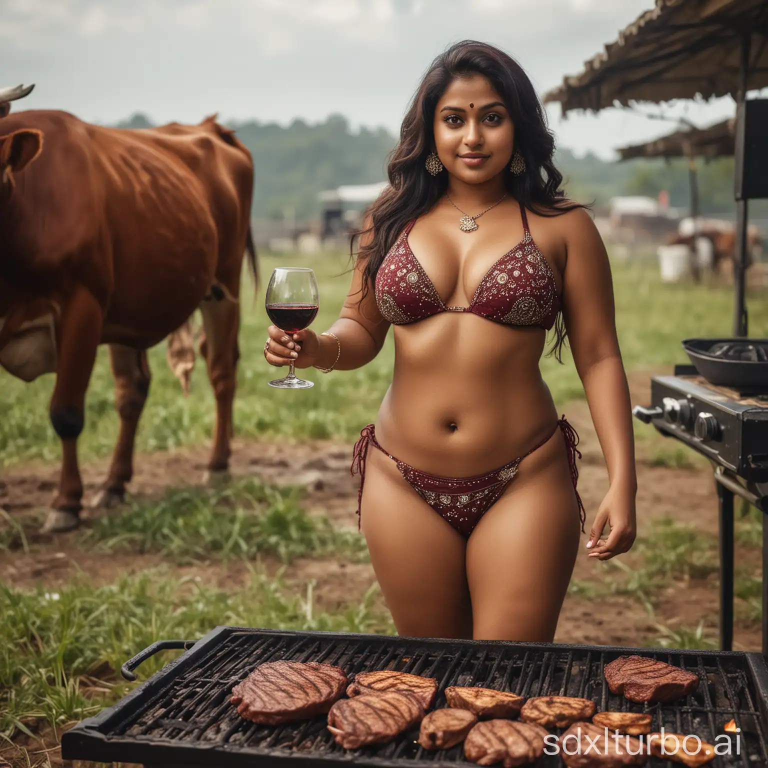 Curvy-Indian-Woman-Cooking-Steak-on-Gas-Grill-with-Cows-Grazing-in-the-Background