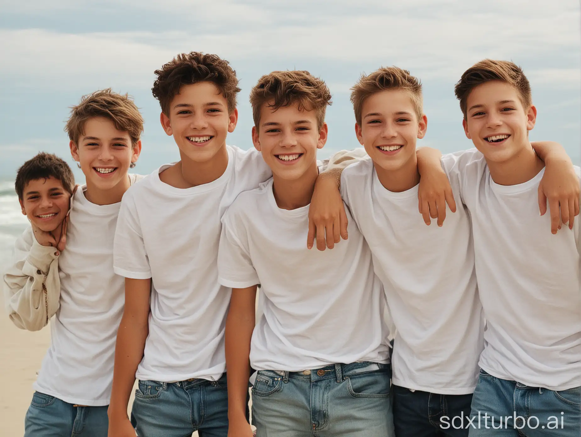 6 smiling teen boys on the beach