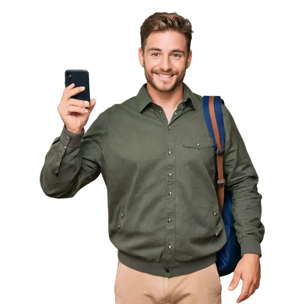 Smiling-Tourist-Man-Using-Phone-PNG-Image-Upper-Body-Shot-of-a-Happy-Traveler