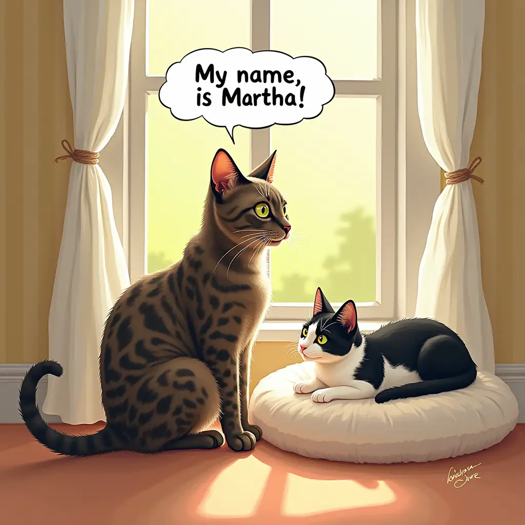 In a cozy corner of a sunny room sits a brindle cat, attentively observing the surroundings. Next to her, a black and white cat lounges on a soft cushion. Over the brindle cat floats a speech bubble with the inscription: 'My name is Martha.' Martha seems to be a cat with a lot of character, perhaps the leader of the small group of cats. While the two cats enjoy their peace, one might wonder what adventures they will experience together and what stories they would have to tell. Their colorful appearance and unobtrusive presence create a harmonious atmosphere that brings a smile to every cat lover.