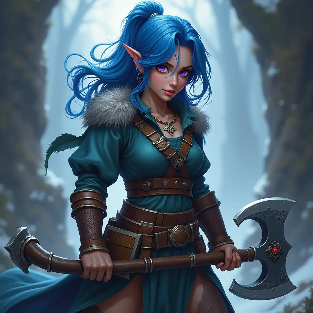 A Dungeons and Dragons character, female, gnome barbarian, Blue hair, violet eyes, wielding a great axe, cinematic and realistic.