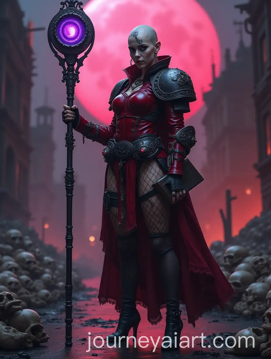 Bald-Psyker-Girl-in-Red-Warhammer-Armor-in-PostApocalyptic-City-with-Violet-Glow-and-Skull-Piles