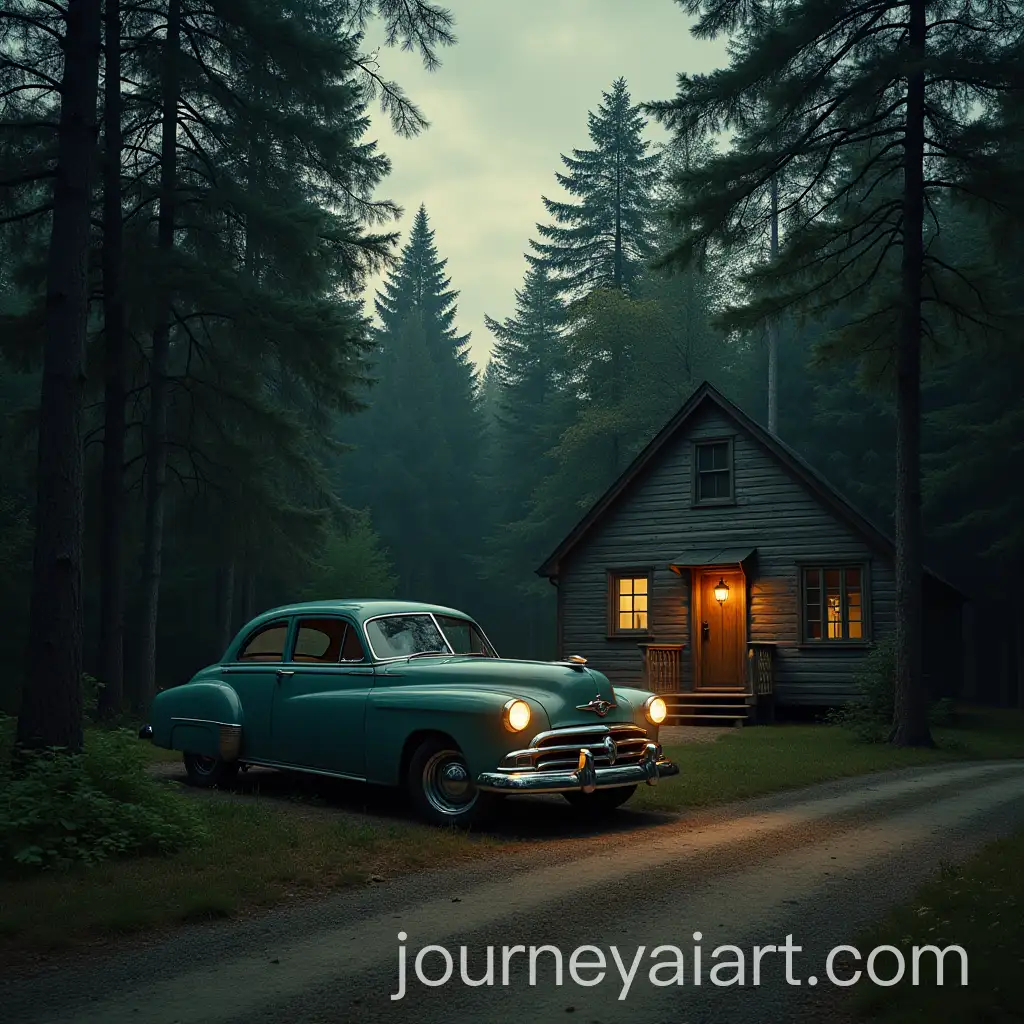 Vintage-Car-Parked-by-Solitary-House-in-Peaceful-Evening-Woods