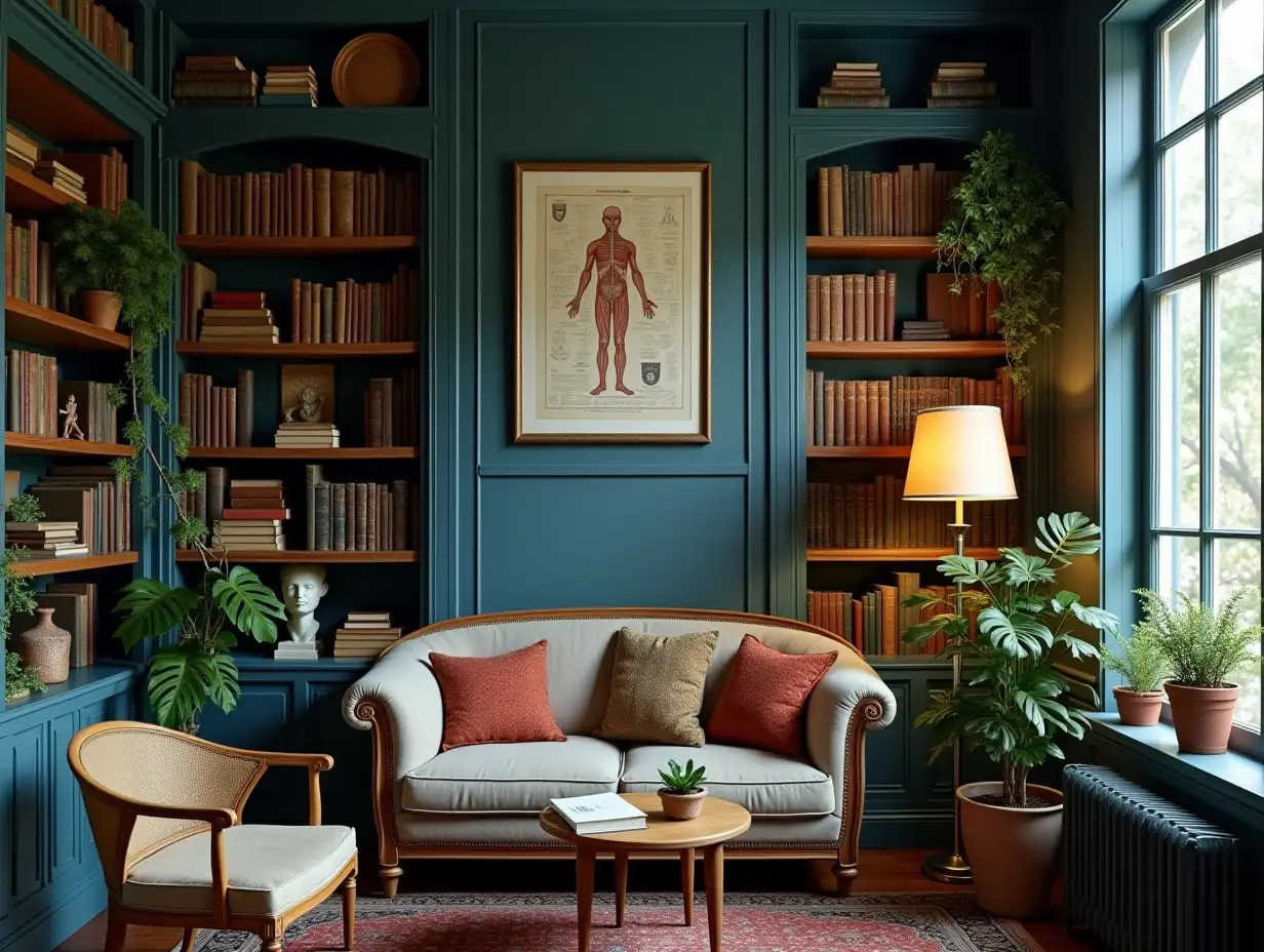 Create a cozy, scholarly-inspired room with mid-tone to deep blue walls transitioning from lighter shades at the base to darker indigo tones toward the ceiling. The space features tall antique wooden bookshelves lined with vintage leather-bound books, weathered journals, and a few displayed anatomical models. Lush indoor plants like ferns and monstera leaves spill from ceramic pots placed on shelves and windowsills, adding a touch of greenery. The walls are adorned with framed historical medical illustrations, anatomical charts, and antique botanical prints in gold or white frames. A warm, inviting ambiance is created by a floor lamp with a cream-colored drum shade emitting soft yellow light and a rustic hanging pendant lamp above an empty space, casting a golden glow. Neutral-toned wooden furniture contrasts subtly with the blue walls, while white accents on the shelves and trim tie in lightness. The overall mood blends intellectual sophistication with a calming, nature-infused retreat.