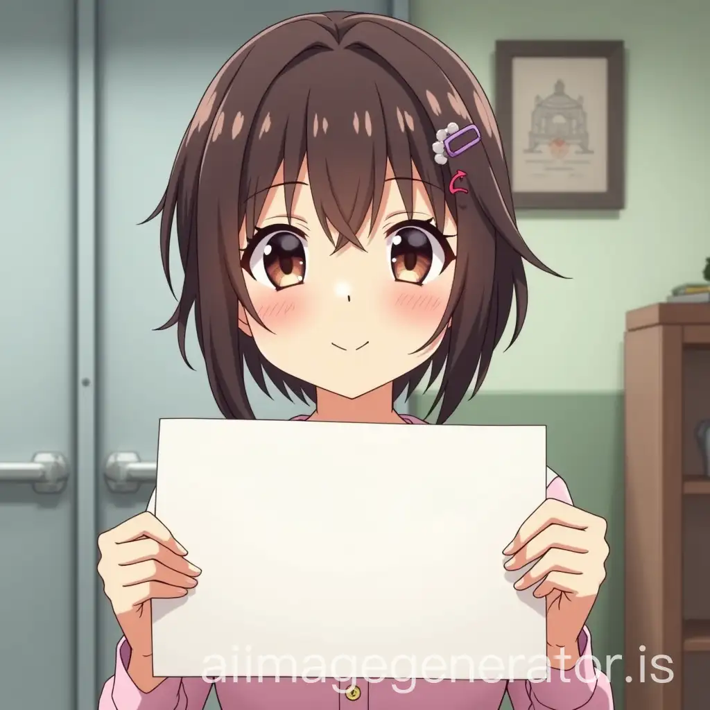 anime character holding a paper in front of the camera