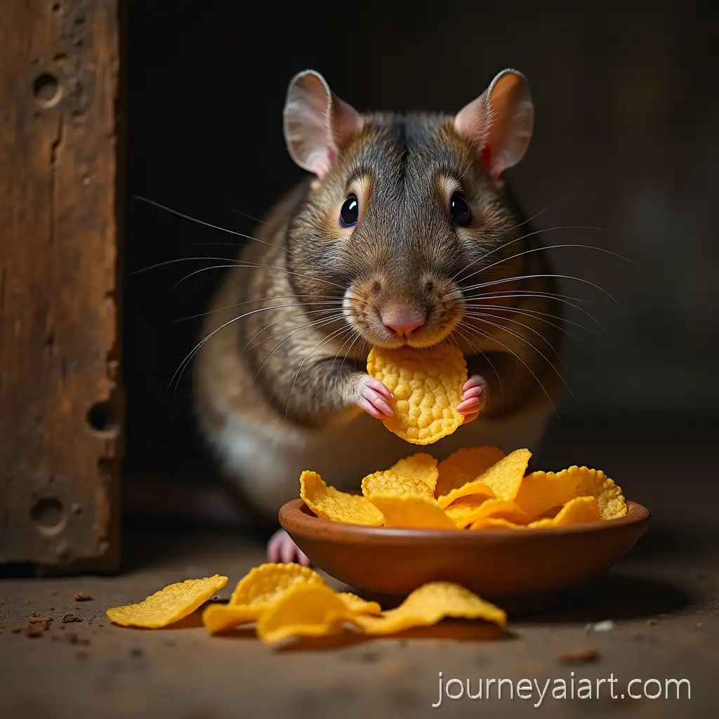 Rat-Eating-Lays-Crab-Flavor-Chips-in-a-Basement-Setting