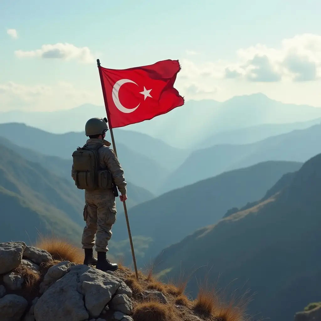 a soldier with a Turkish flag is looking at high mountains, child relationship should be