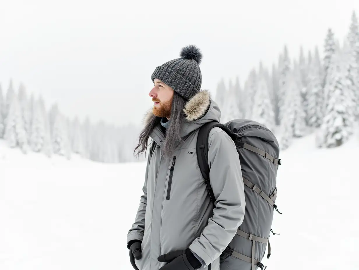 traveler in winter gear with backpack on white monochrome background