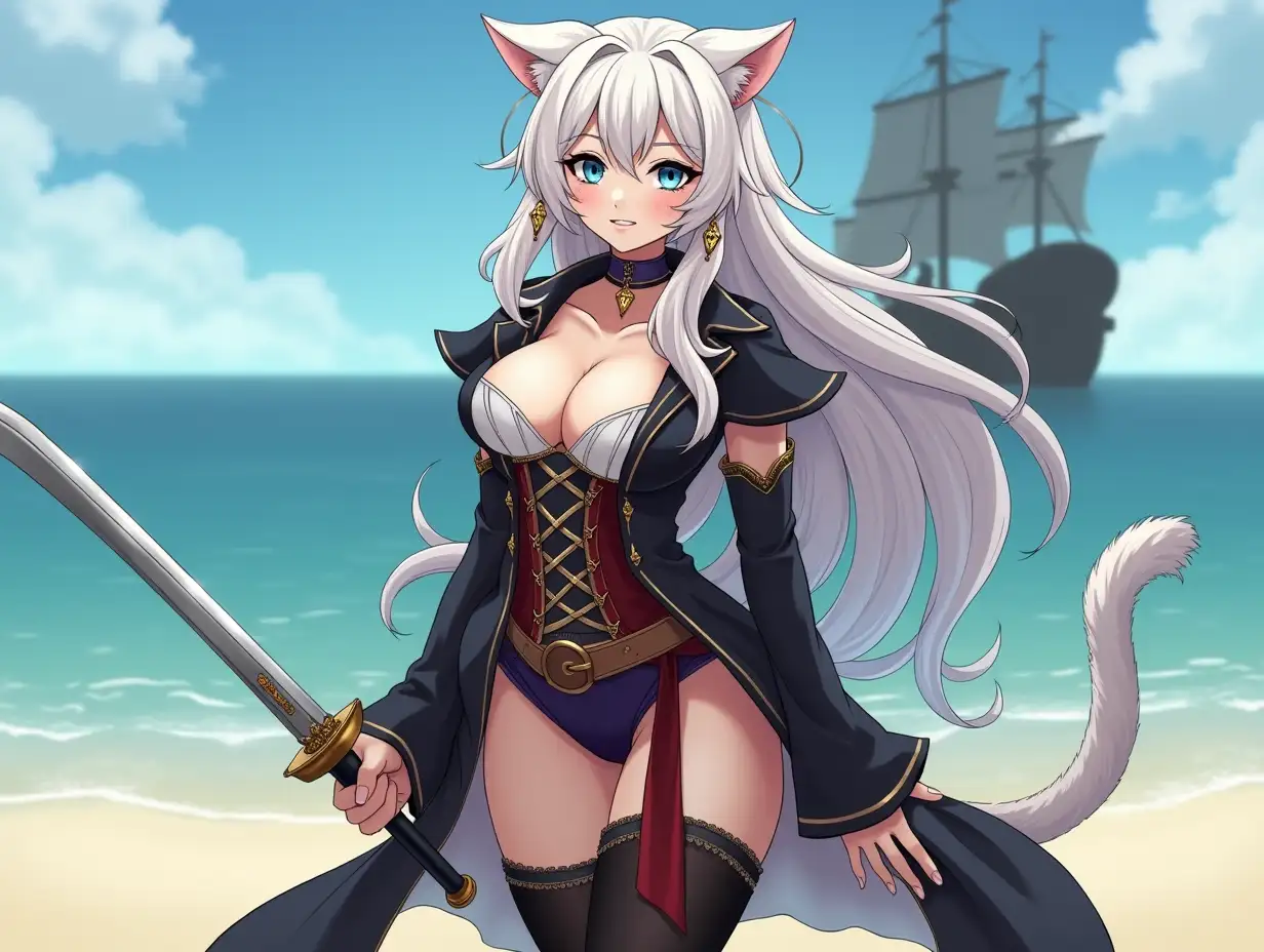 A mature adult feline/woman dressed as a pirate with a sword on a beach.  A pirate ship in the background. Her 30-something years are disguised by her youthful facial features, except for her subtle wrinkles around the eyes, extremely slender body. Her ample bosom strains against her clothing, threatening to burst free from the fabric, extreme cleavage.  Wearing black thigh high pirate boots. She has piercing blue cat eyes. A choker adorns her neck, a subtle hint at her feline nature. Her long, white hair cascades down her back like a wild waterfall, tangled and disheveled. Her cat-like teeth glint in the light, as her white fur-lined ears punctuate her visage with sparkling black and gold earring adorns each ear, adding a touch of elegance to her feline features. Cat whiskers on her face. The attached tail at the base of her spine stirs lazily.  Long fingernails. Full body view. Anime.