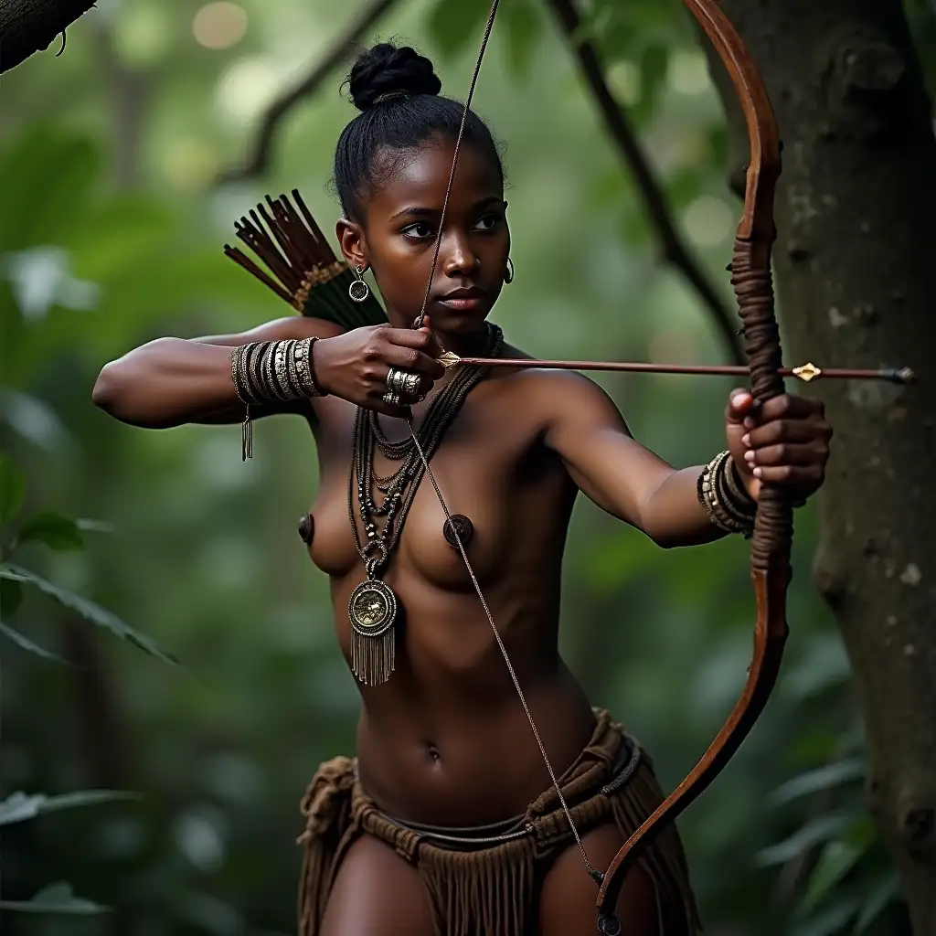 Topless-Black-Female-Archer-in-Jungle-Firing-from-Tree-Branch