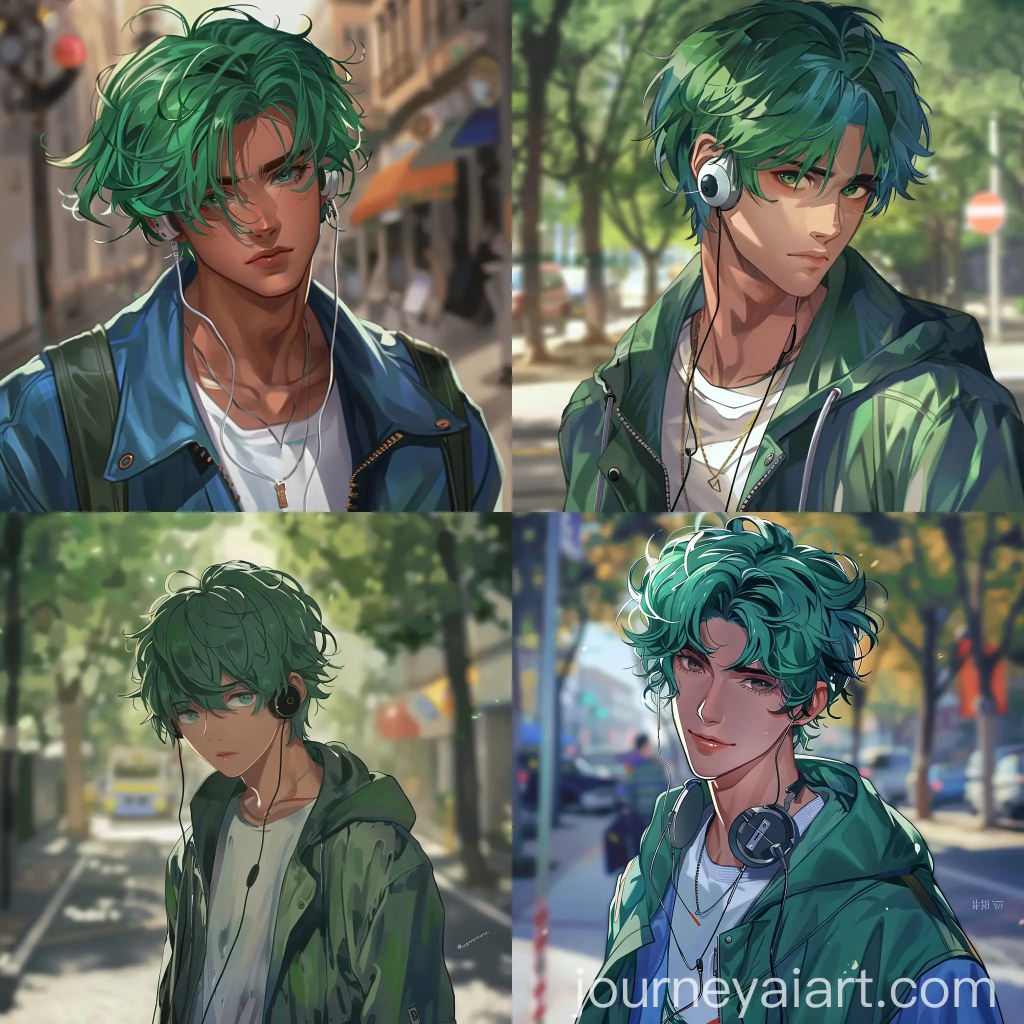 Cool-Anime-Style-Guy-with-Green-Hair-and-Earphones-Outdoors