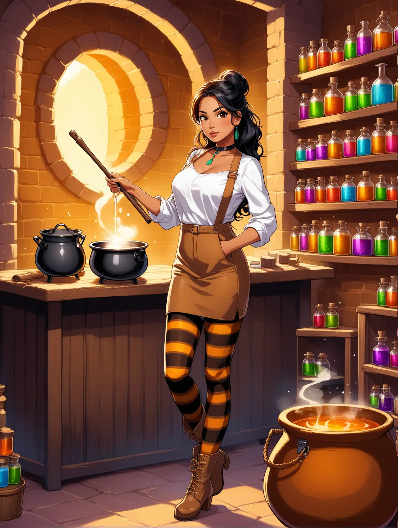 Stylish-Latina-Woman-Stirring-Cauldron-in-Potions-Dungeon