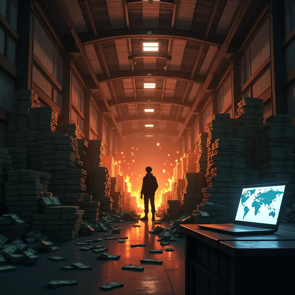 Mysterious-Warehouse-with-Burning-Money-and-Gaming-Laptop-in-Cinematic-Anime-Style