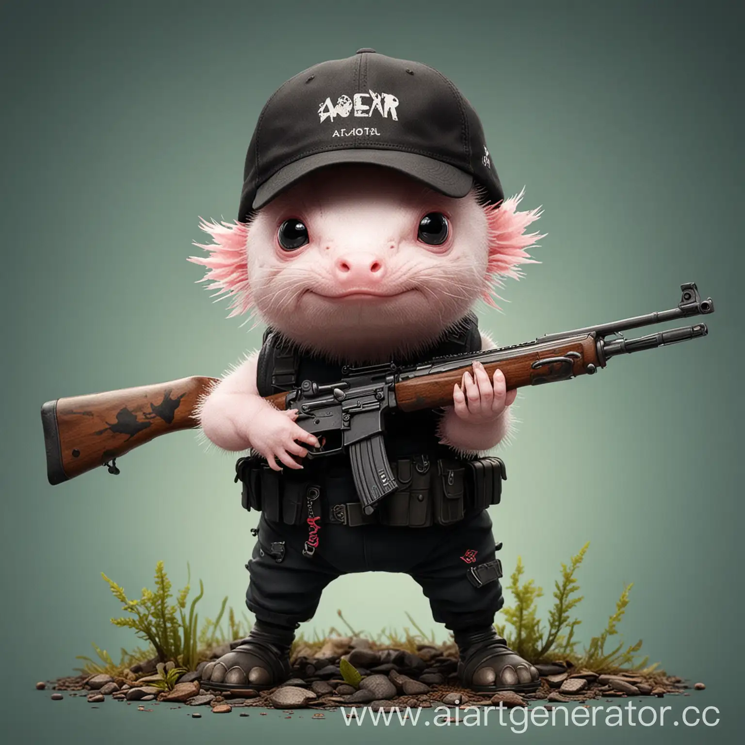 Axolotl-Wearing-BEAR-Cap-with-Rifles-in-Each-Leg