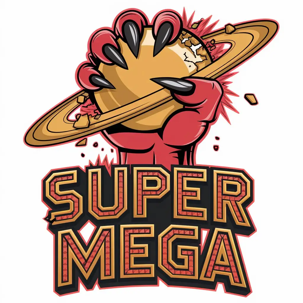 LOGO Design for SUPER MEGA Large Monster Hand Gripping a Crumbling Planet with Red and Gold Elements