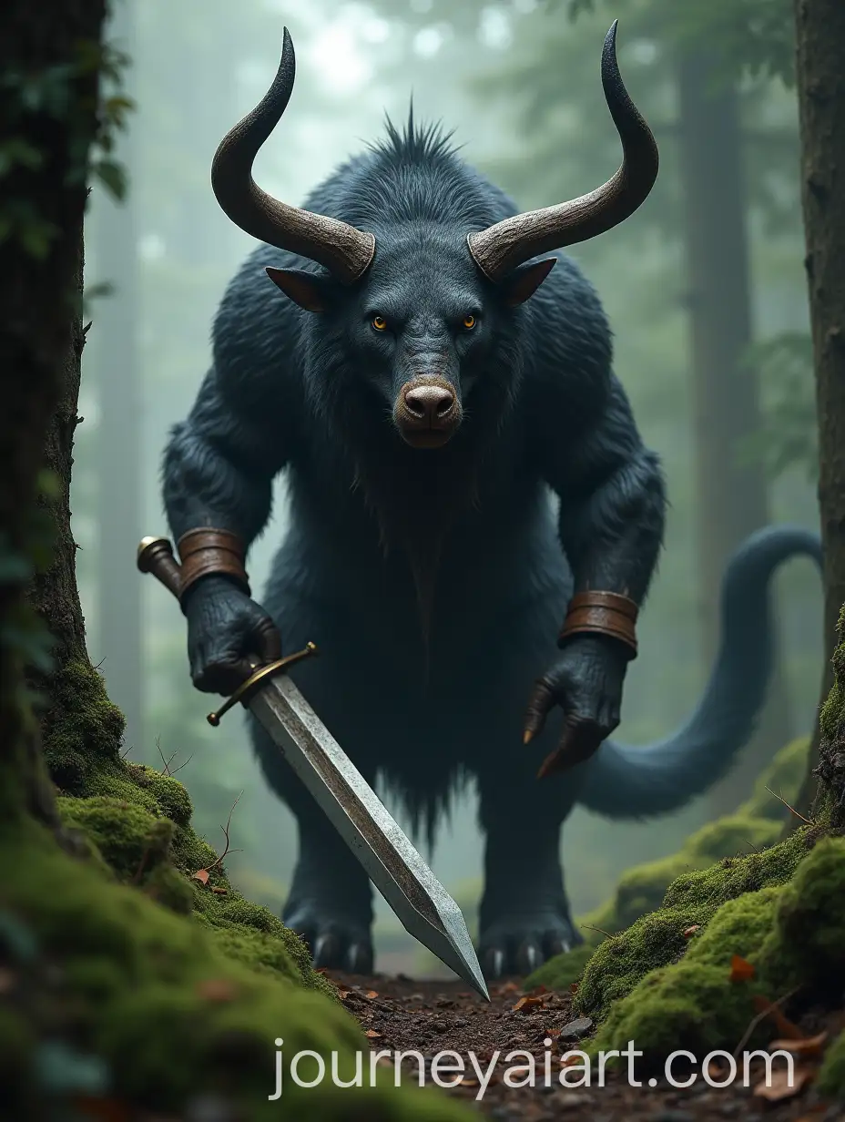 Fierce-Mountain-Beast-Roaming-Mossy-Forest-with-Sword