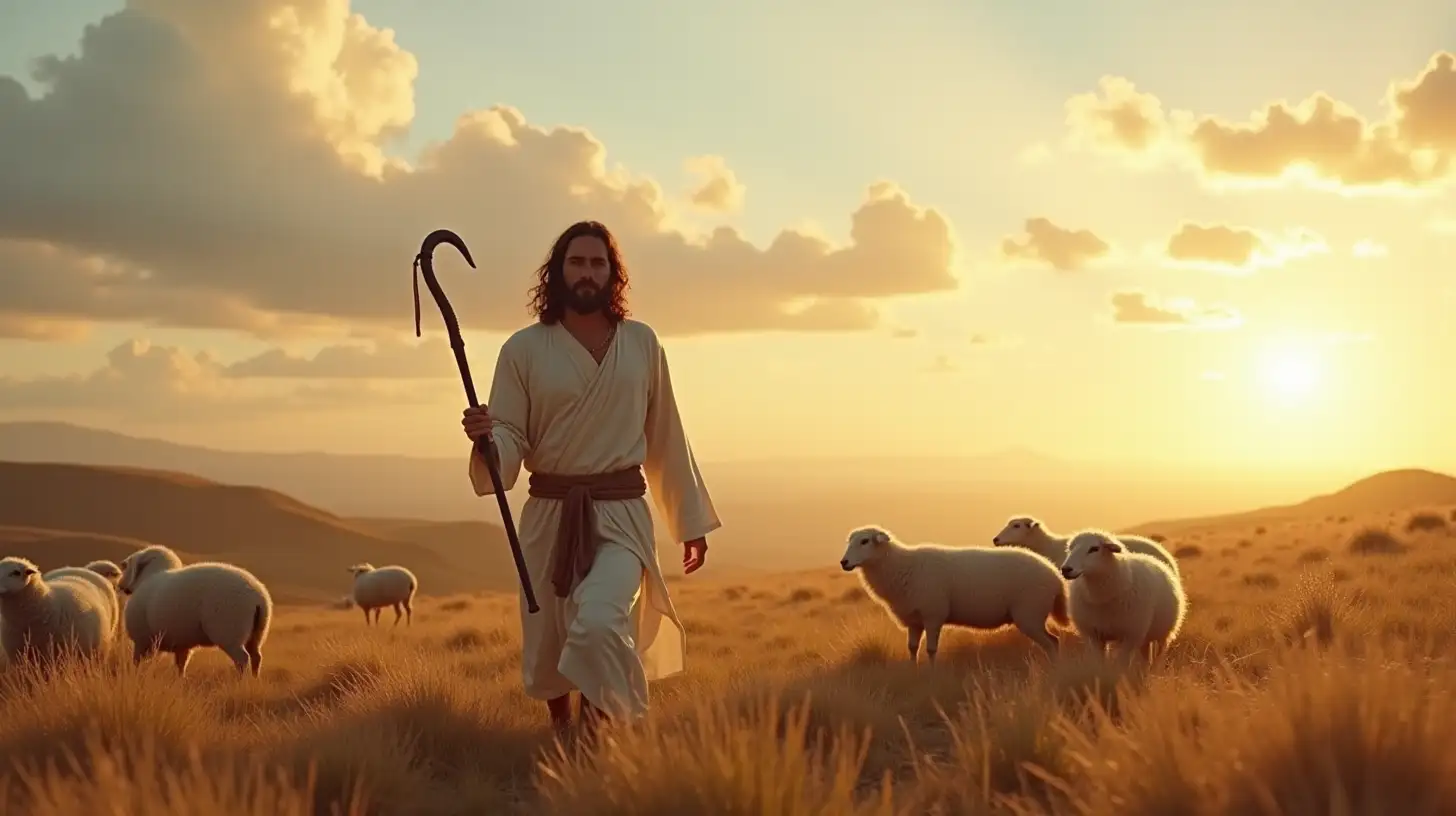 Biblical Shepherd Walking with Sheep in Rolling Hills