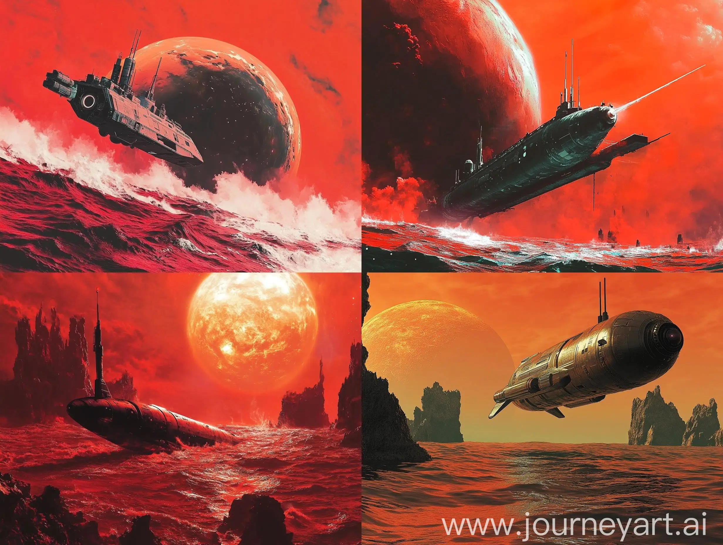 Spacecraft-Descending-Submarine-on-Red-Ocean-Planet