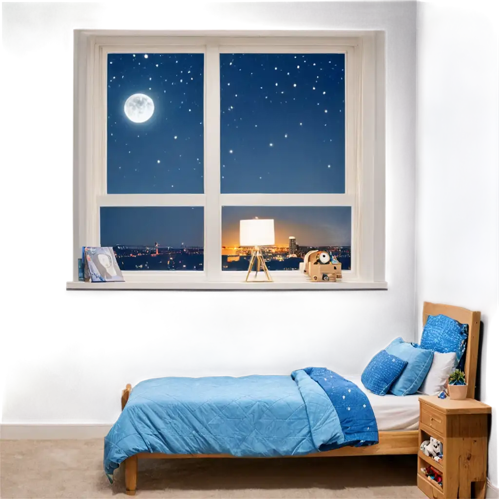 A boys room with an open window and night view